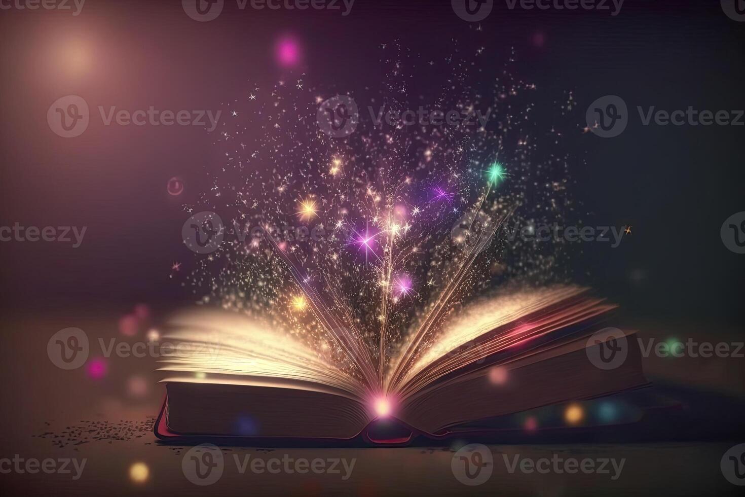 Open magical book with fantasy landscape over pages. Created with photo