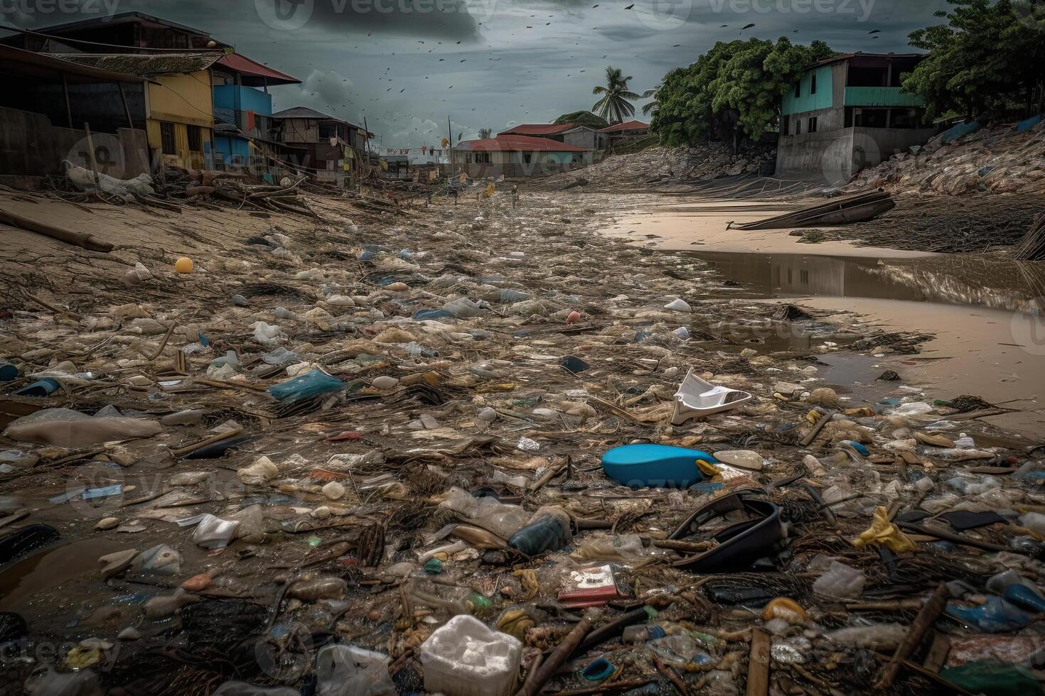 Huge dump with a lot of plastic waste and various used garbage. photo