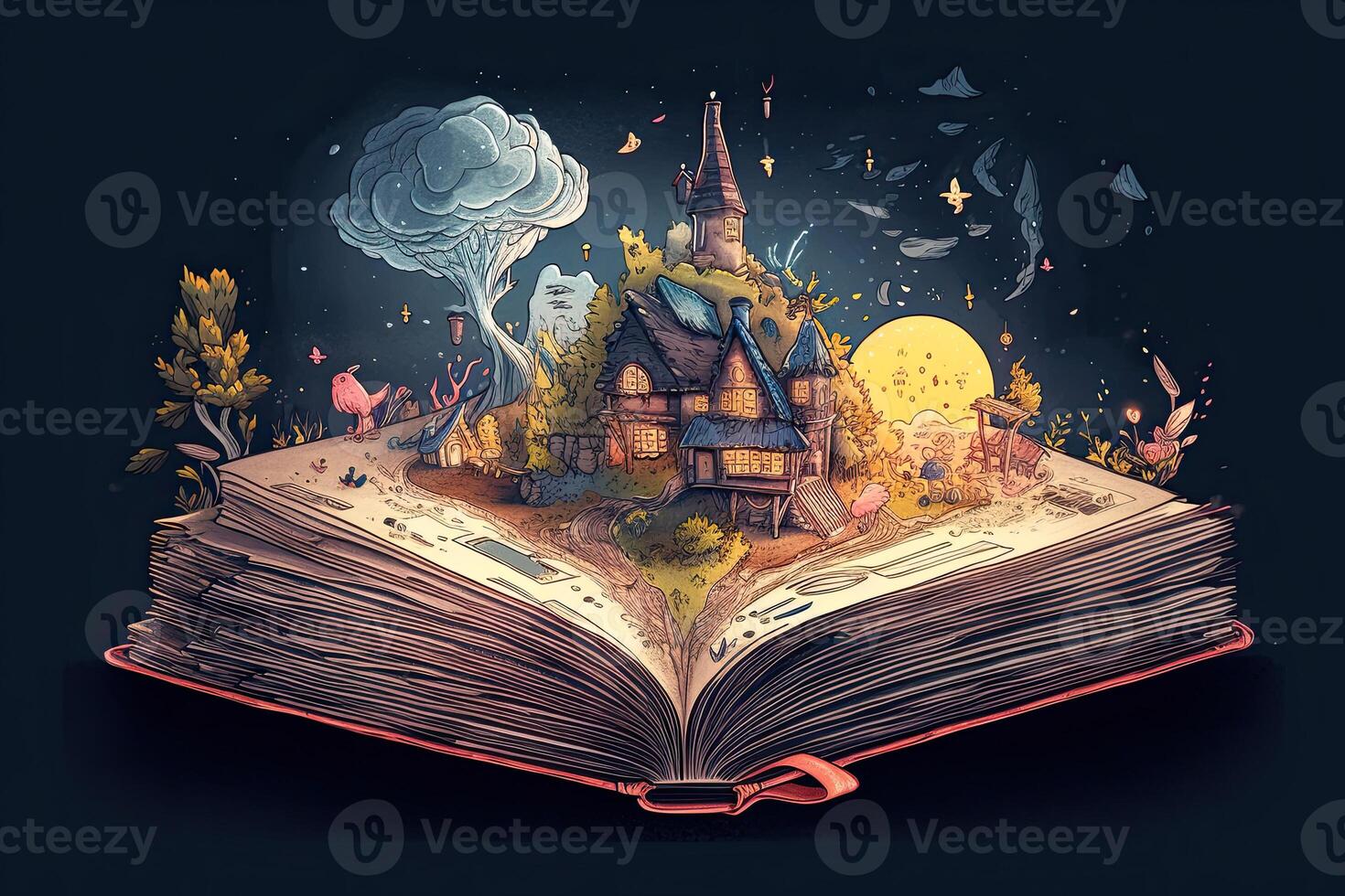 Open magical book with fantasy landscape over pages. photo