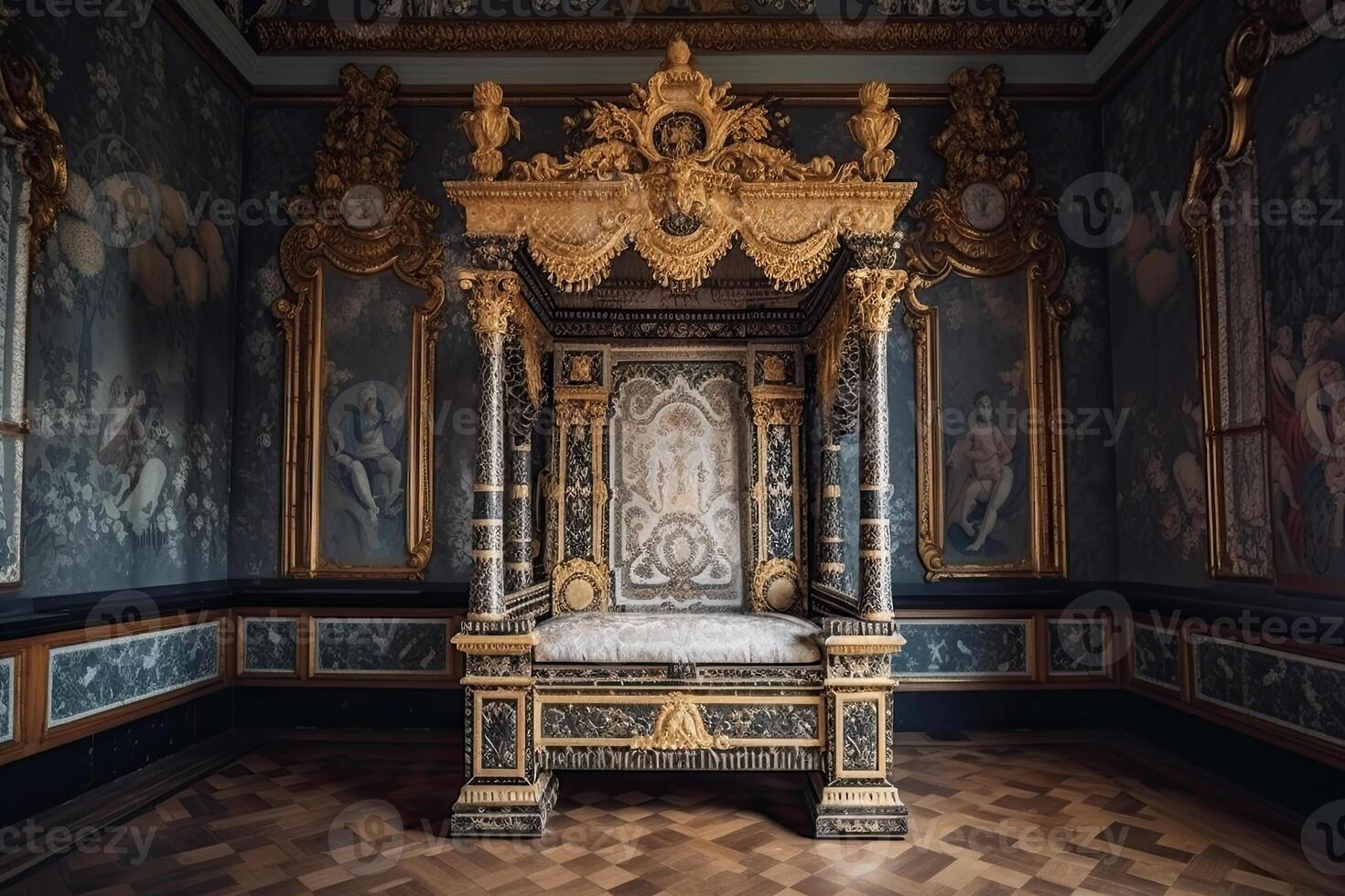 Empty royal throne in dark castle hall. Fantasy medieval throne. photo