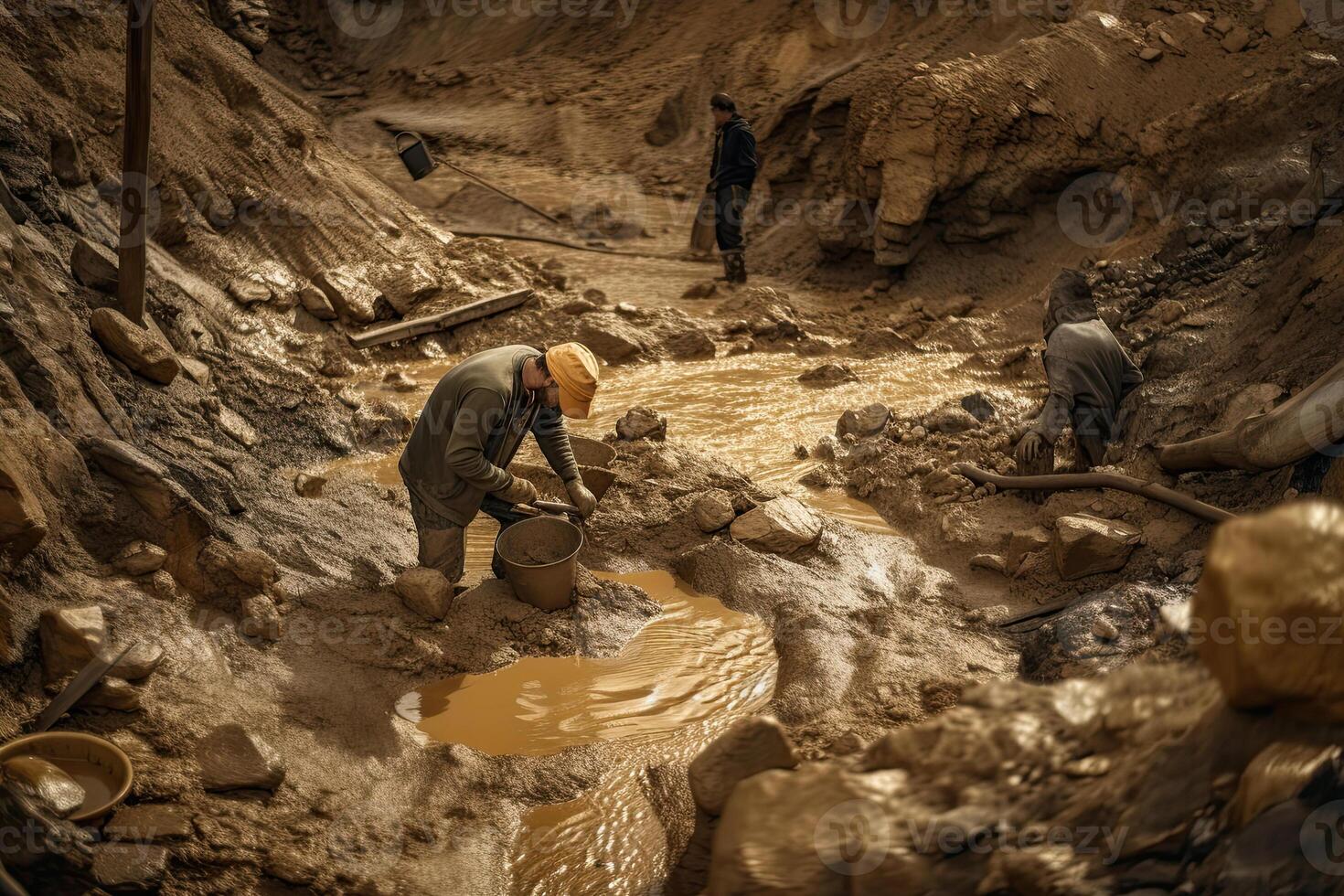 Gold panning. Prospector is looking for gold in the river during gold rush. photo