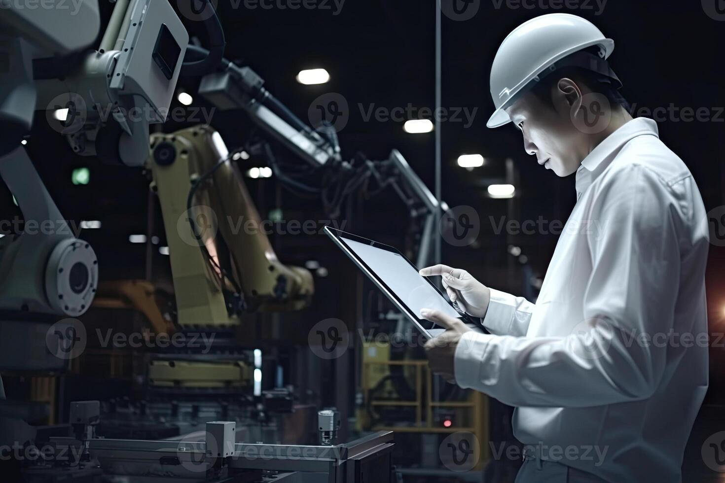 ingeniero con tableta computadora a fábrica lugar de trabajo. generativo ai foto