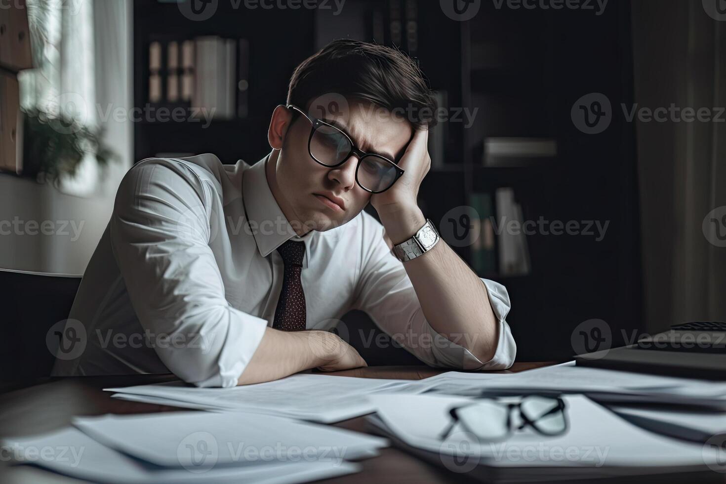 Tired office worker sitting at workplace.Exhausted man working. photo
