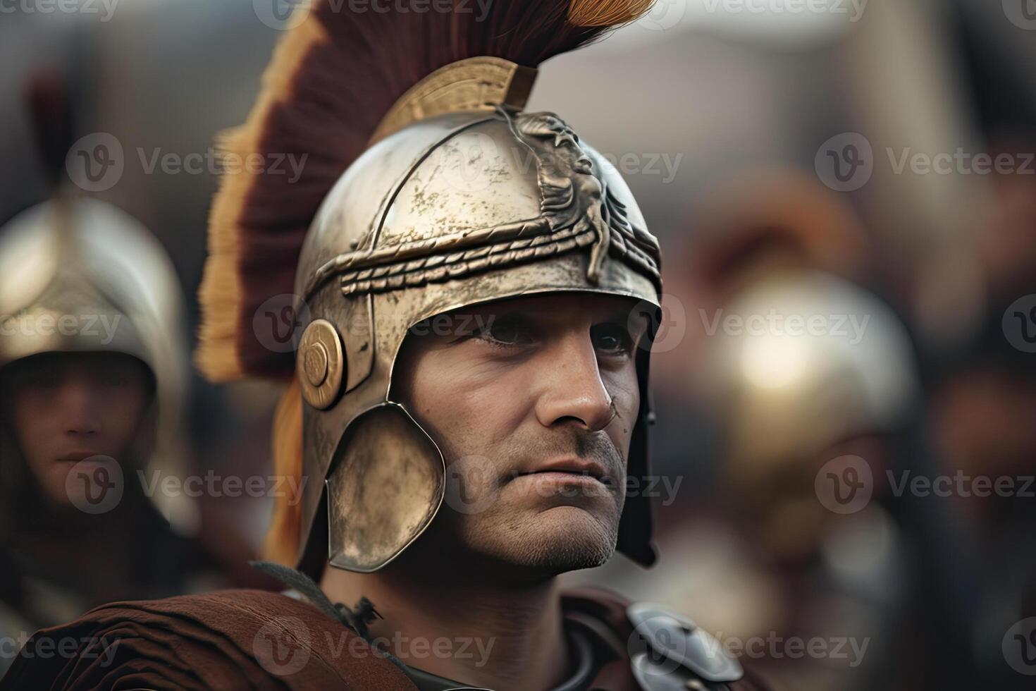 Portrait of roman soldier. Ancient warrior in battle. Created with photo