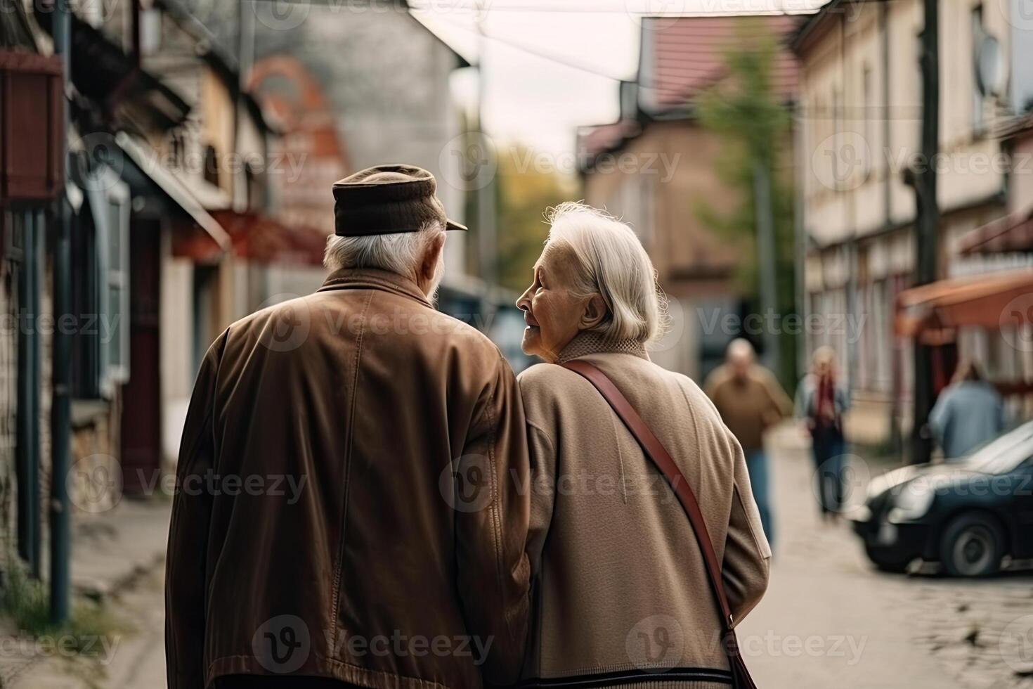 Elderly couple at city street. Elderly man and woman are walking together. photo