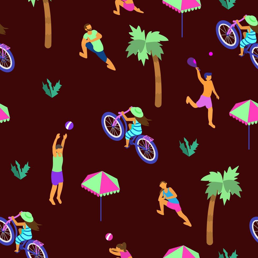 Vector seamless pattern on dark background with tiny isometric people of different ethnicity doing summer sports. Summer activities. Neon pattern.