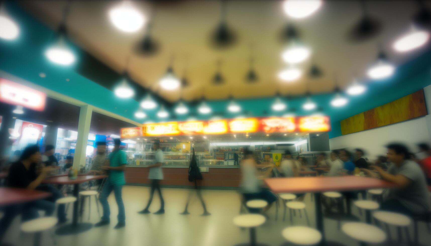 Abstract blur food court in shopping mall for background. photo