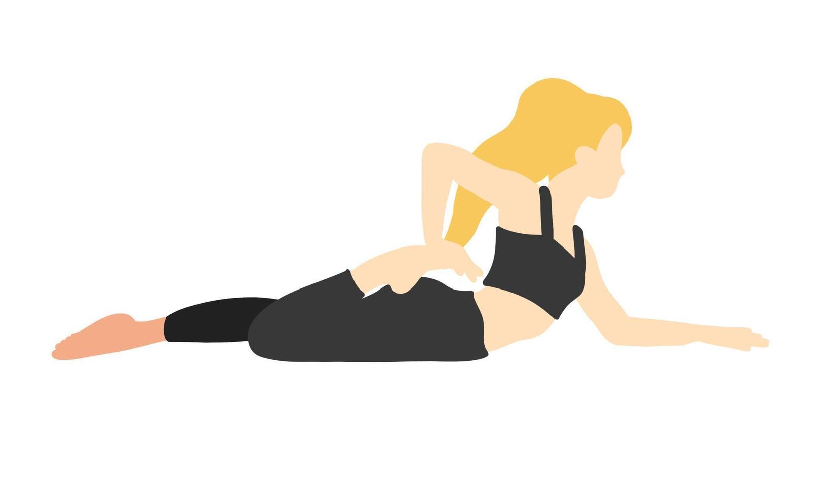 flexibilidad yoga poses recopilación. europeo femenino, dama, mujer, muchacha. largo rubia cabello. negro chandal. pilates, capacitación. vector ilustración en dibujos animados plano estilo aislado en blanco antecedentes.