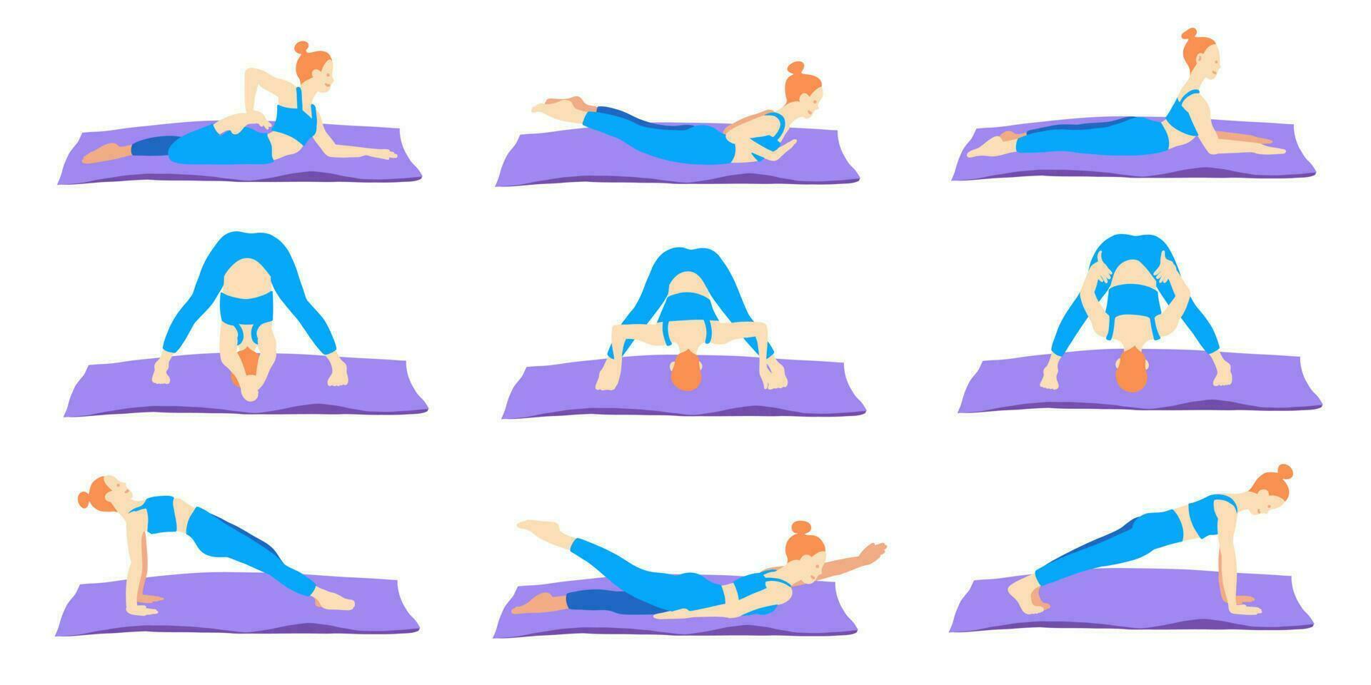 Flexibility yoga poses collection. Mats. Red hair female, lady, woman, girl. Meditation, pilates, mental health, training, gym. Vector illustration in cartoon flat style isolated on white background.