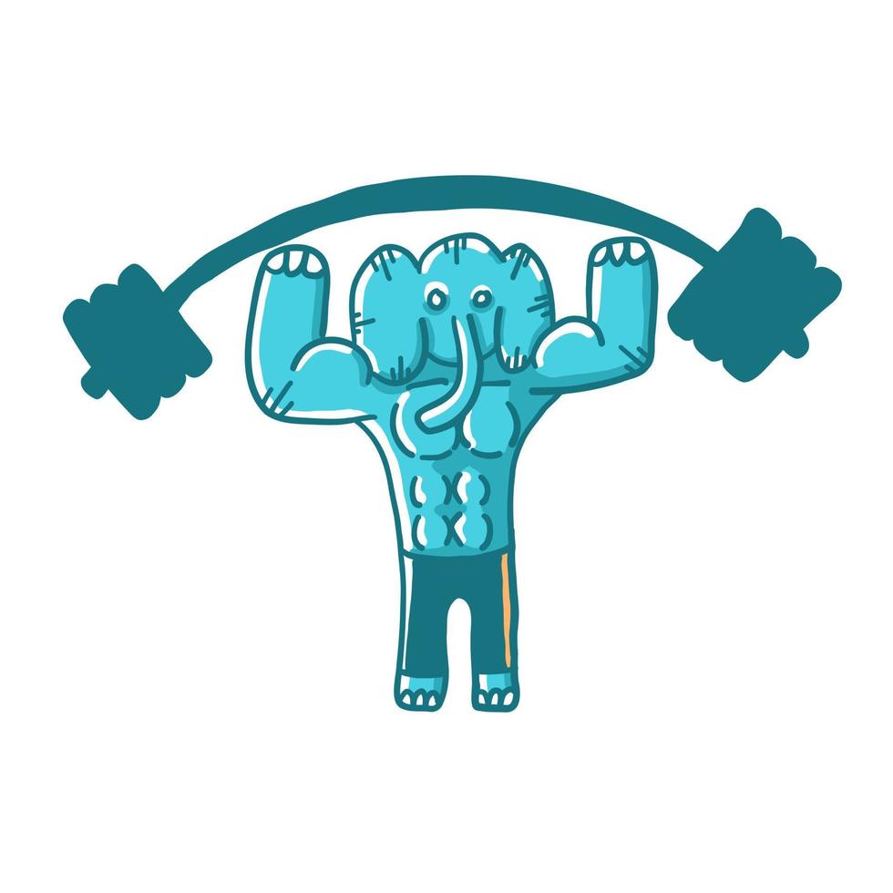 Training elephant with a barbell. Vector illustrations in cartoon flat style isolated on white background.