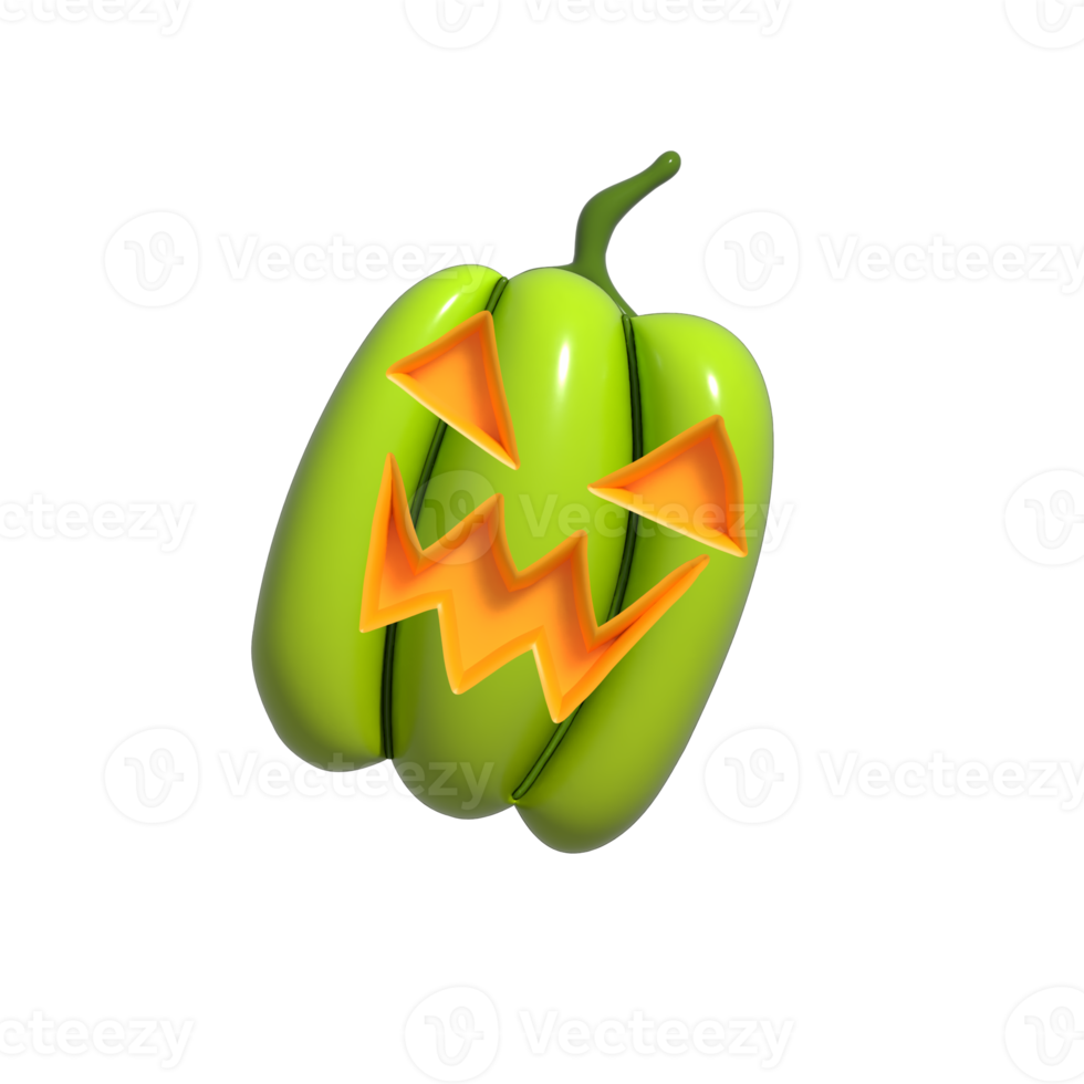 halloween realistisch 3d groen pompoen met gelukkig gezicht. 3d weergegeven voorwerp. ontwerp element geïsoleerd Aan oranje achtergrond. png