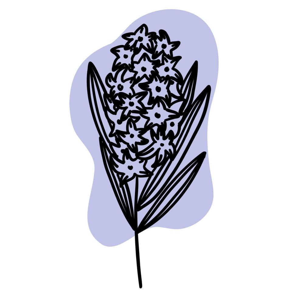 Flower in outline doodle flat style with colorful violet brush. Simple floral element plant decorative design. Hand drawn line art. Creative sketch. Vector illustration isolated on white background.