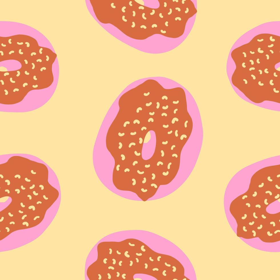 Seamless pattern of donut rings in cartoon flat style. White hearths sprinkles on a pink cream with chocolate base. Sweet bakery. Vector colorful illustration isolated on light background.