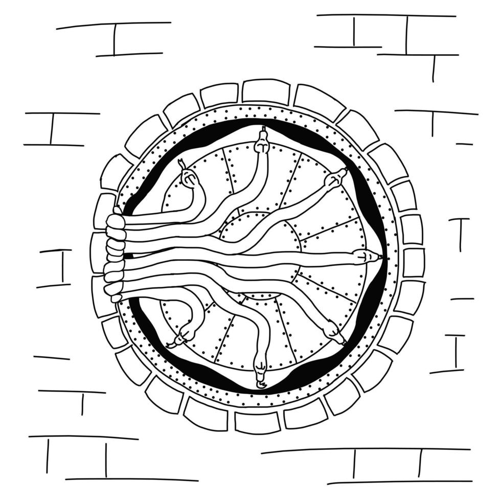 Entrada a el cámara de misterios. por arte de magia mejorado puerta con corredizo serpiente Cerraduras. vector ilustración en garabatear contorno estilo aislado en blanco antecedentes. Harry alfarero.