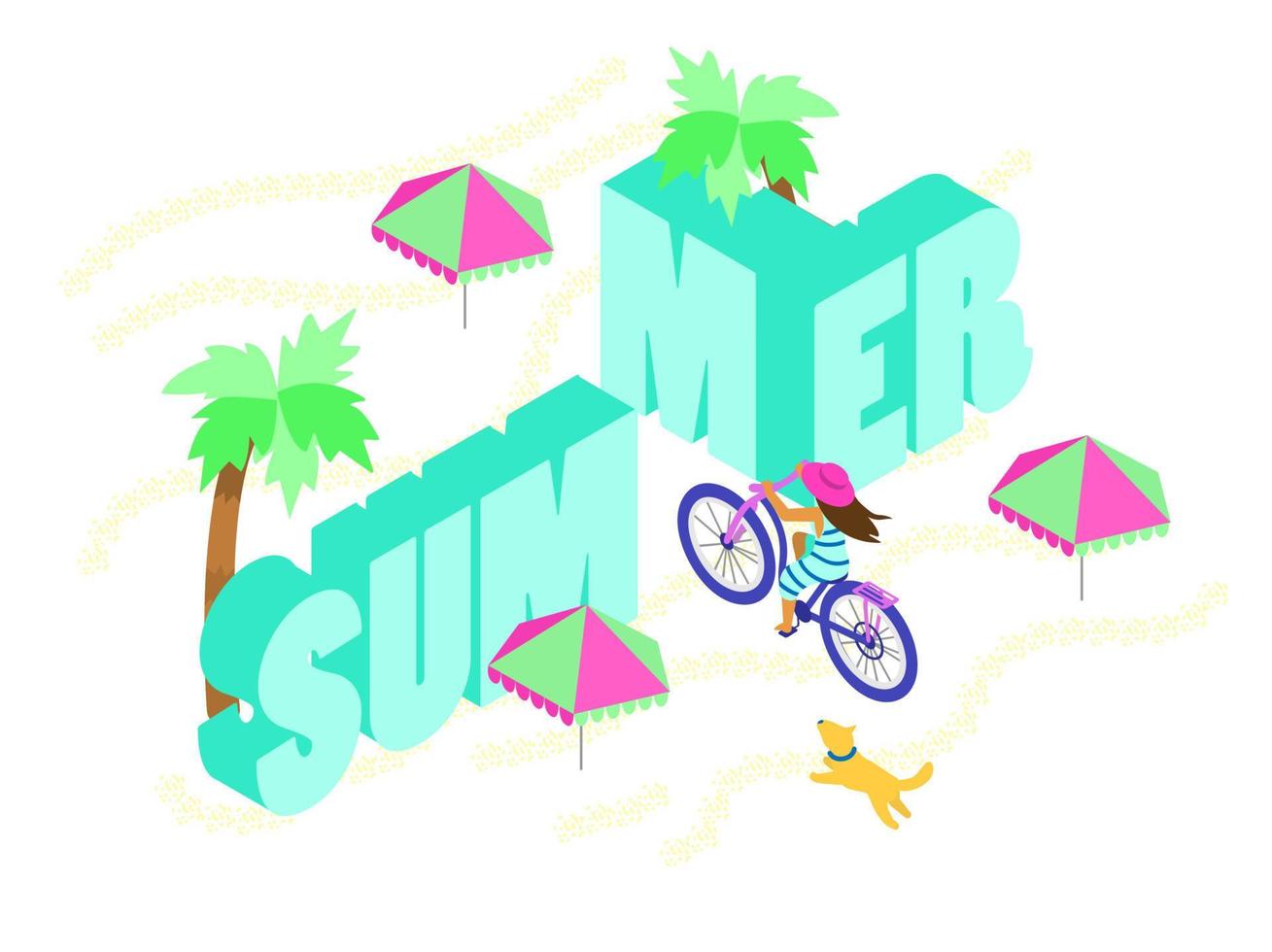 Isometric vector illustration on summer theme. Girl riding fat bike through word summer. Isometric lettering. Summer poster.