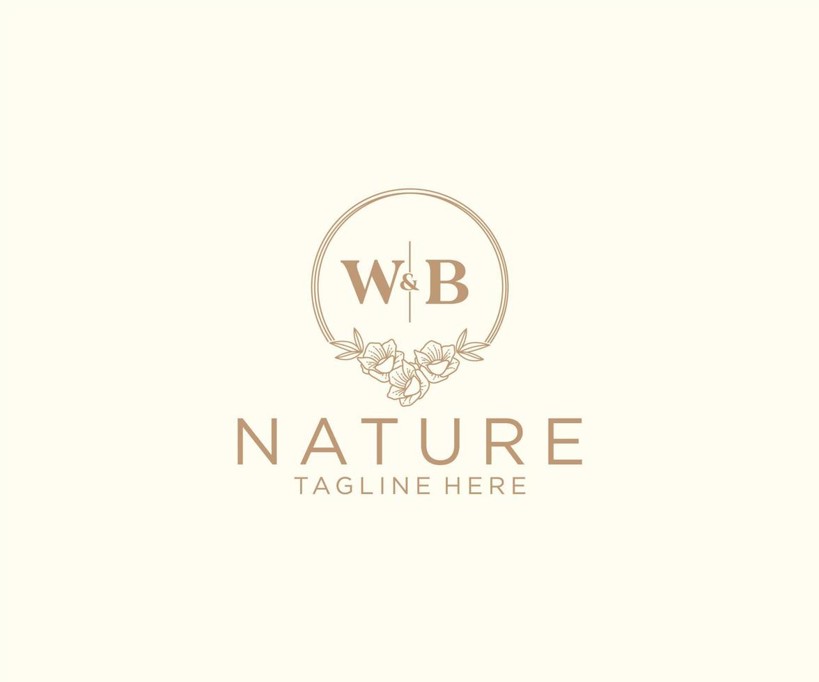 initial WB letters floral frames. Botanical feminine editable premade monoline unique decoration for greeting card, wedding invitation. vector
