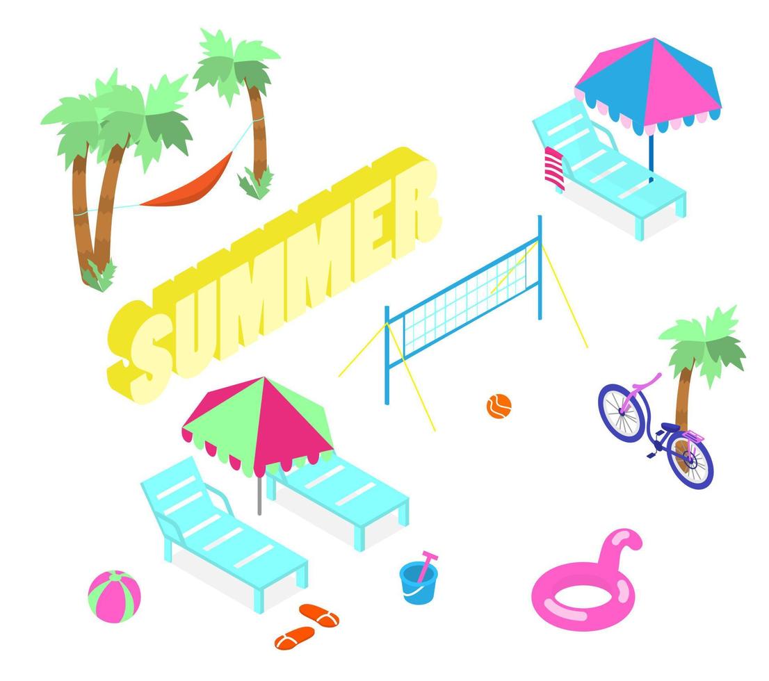 Beach scene isometric vector set. Palms with hammock, summer lettering, beach volley court, sunbeds with umbrellas, bike, swimming ring, bucket, ball.