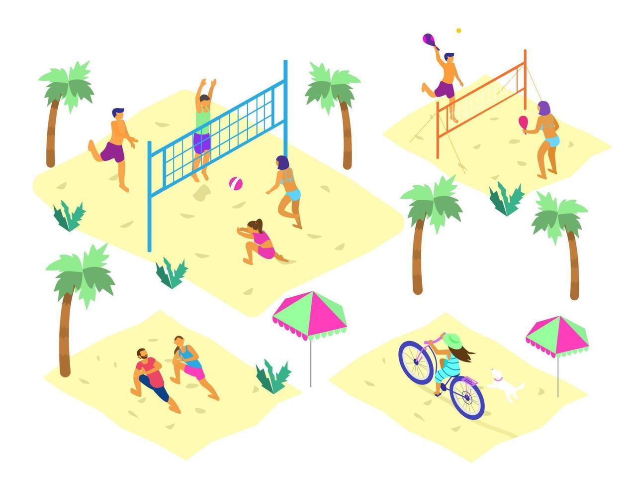 Vector set of isometric beach scenes with different people doing summer sports. Summer outdoors activities. Beach volley, racket ball, yoga on the beach, riding fat bike.