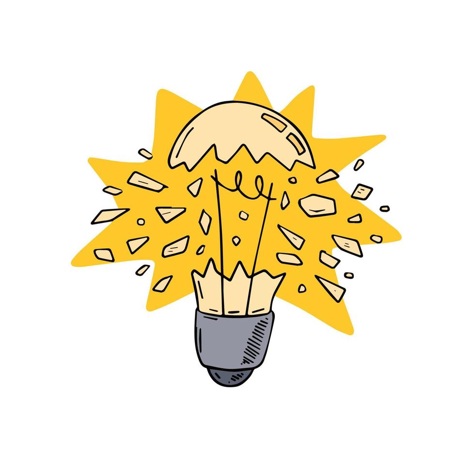 Burst light bulb. Crack in lightbulb. Sketch Shards of glass. Concept of idea and solution of problem. Doodle drawn Electric light. vector