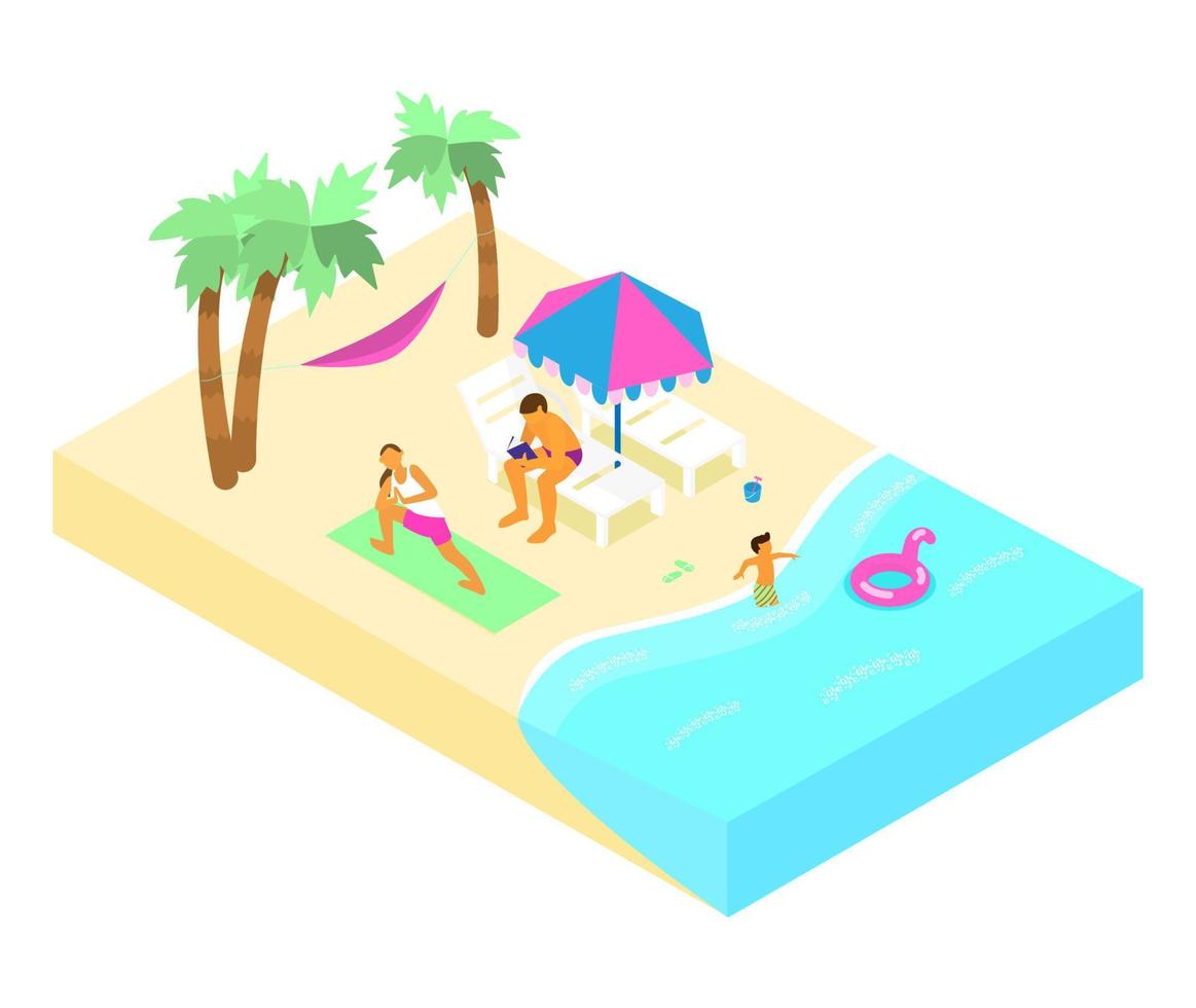 Isometric beach scene with family resting on the coast. Woman doing yoga, man reading in sunbed, child playing in water. Family summer vacation. vector