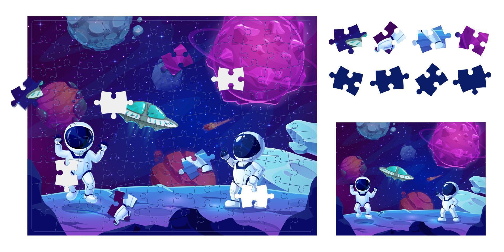 Cartoon astronauts on space planet jigsaw puzzle vector