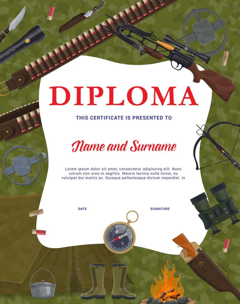 Diploma with hunting equipment and weapons vector