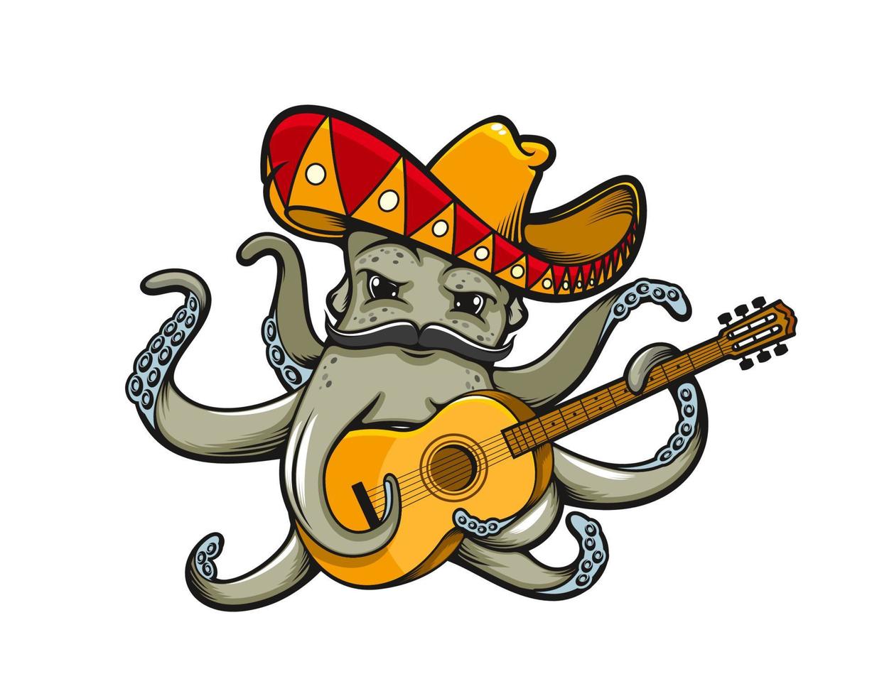dibujos animados pulpo en mexicano sombrero con guitarra vector