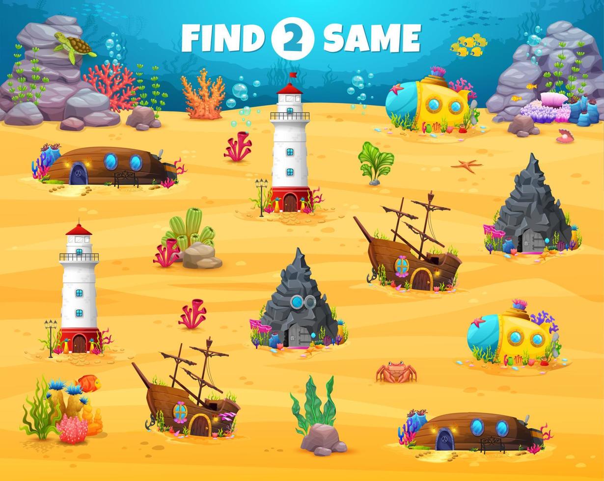 Find two same underwater cartoon houses, kids game vector