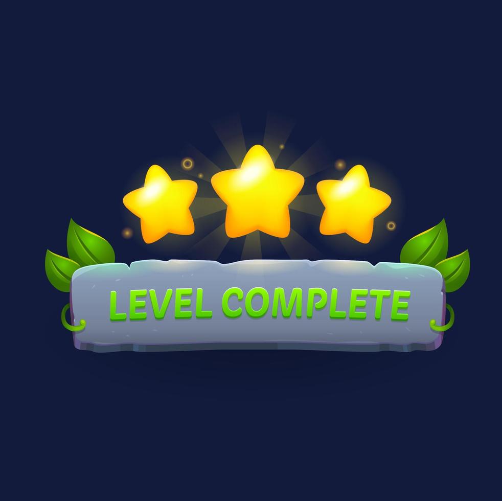 juego nivel completar Insignia o icono con oro estrellas vector