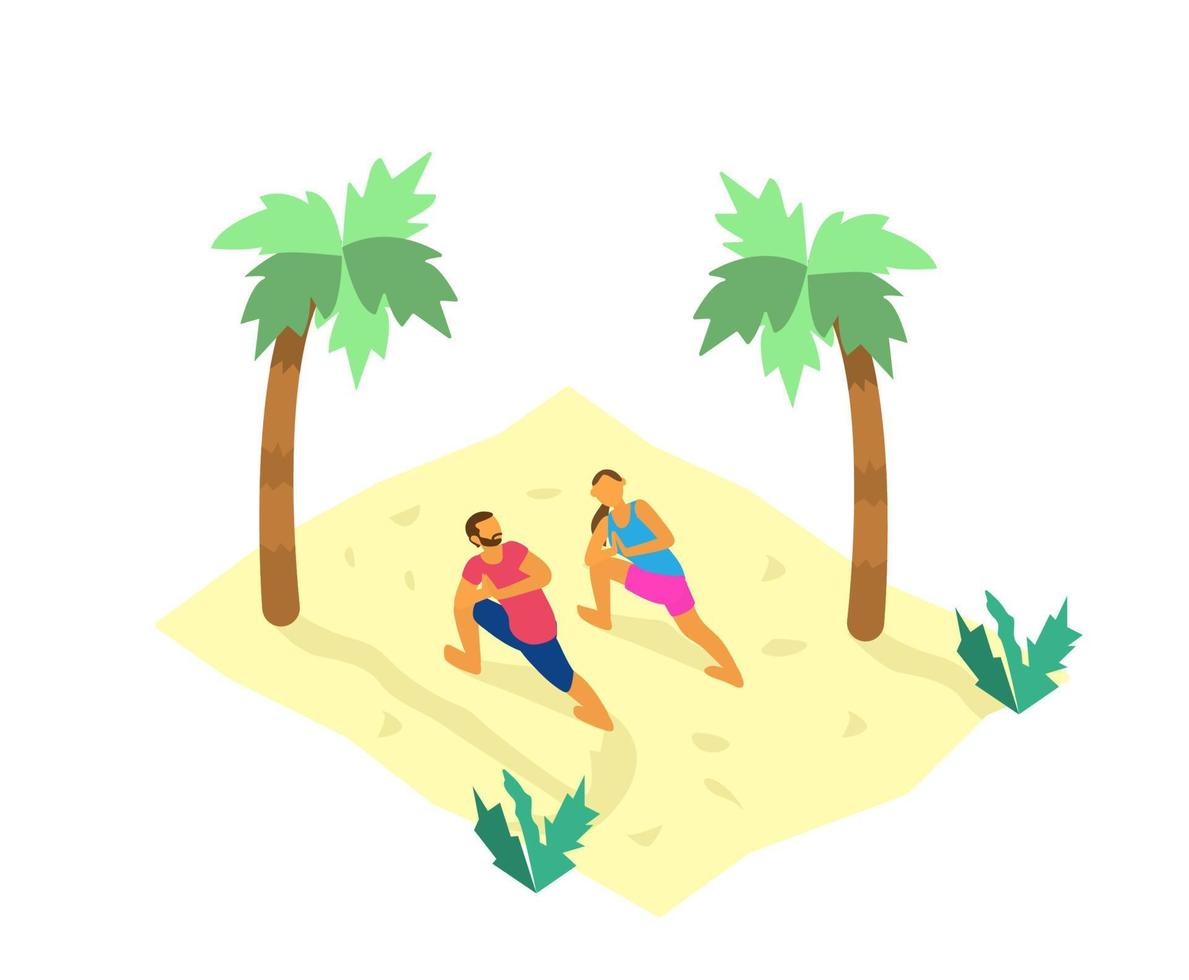 isométrica ilustración de minúsculo Pareja haciendo yoga en el playa con palmas y plantas. sano estilo de vida. verano actividades. vector