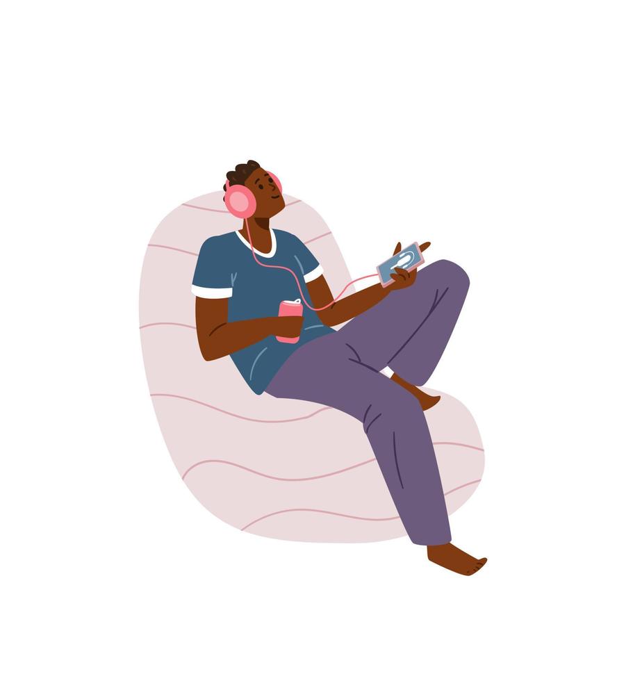 Podcast concept. African american young man in earphones relaxing in bean bag chair listening to podcast or radio. Flat vector illustration. Isolated on white.