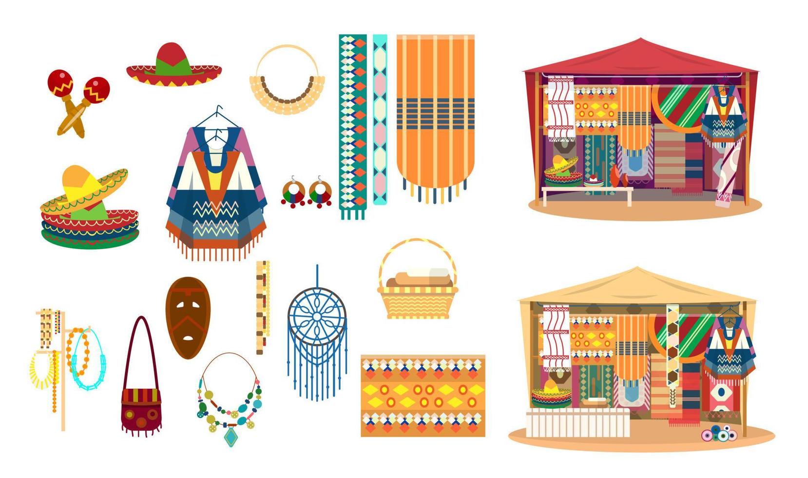 vector conjunto de mexicano artesanías tradicional recuerdos tela y alfombras almacenar. calle tienda. sombrero sombreros, ponchos, maracas, sueño receptor, mascarilla, joyas, esteras