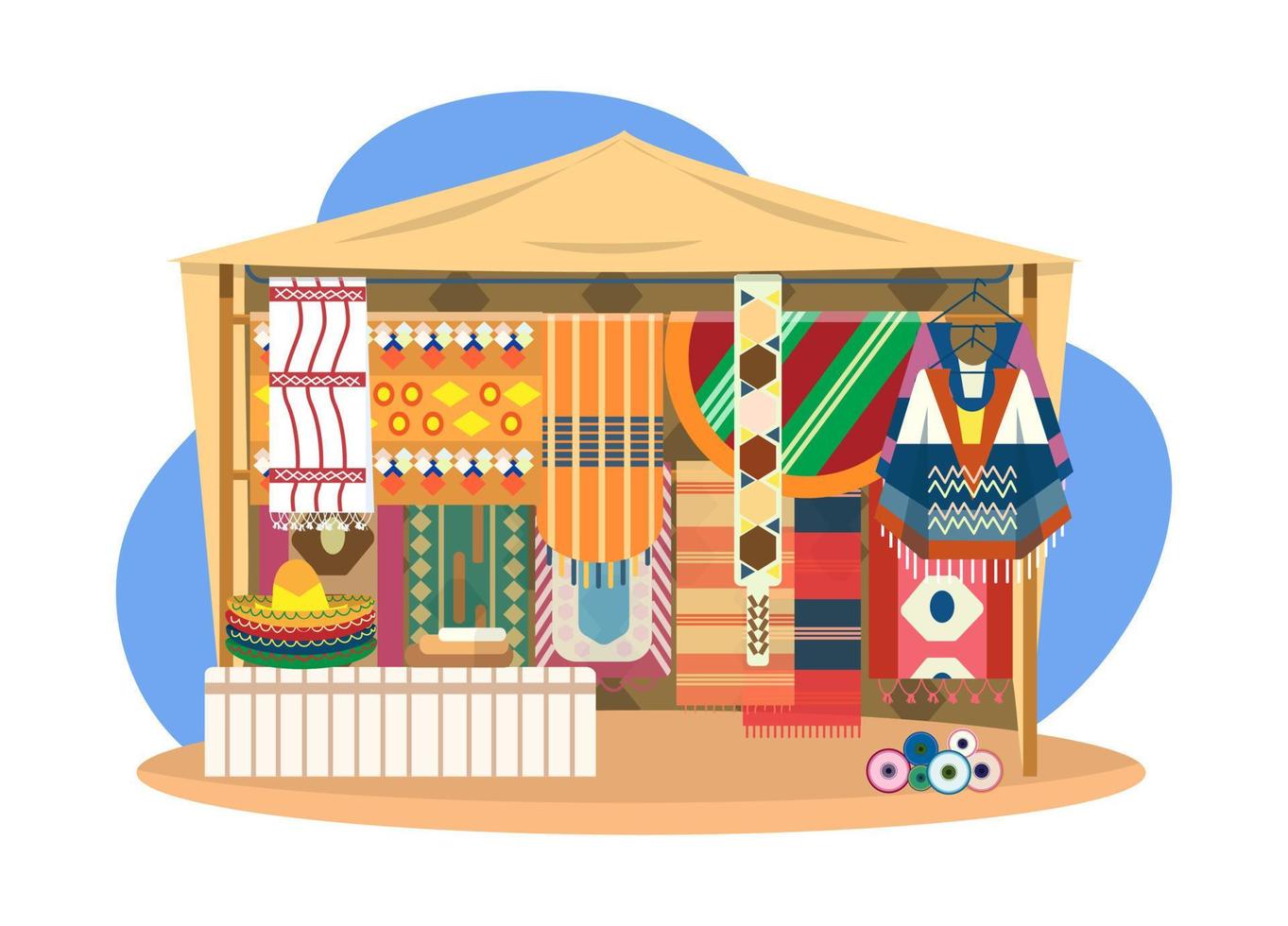 Ethnic souvenir street shop. Mexican street store with carpets,mats, ponchos, sombrero hats and fabrics rolls. vector