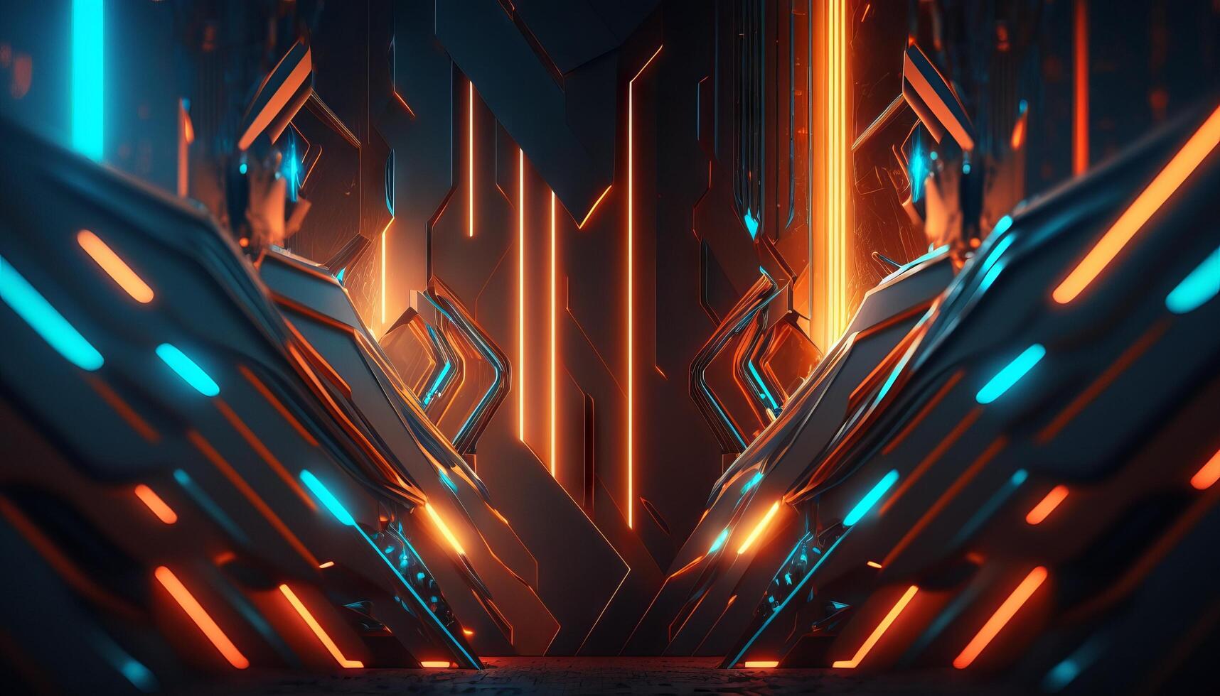 Rendering abstract futuristic background with glowing neon blue and orange lights. photo