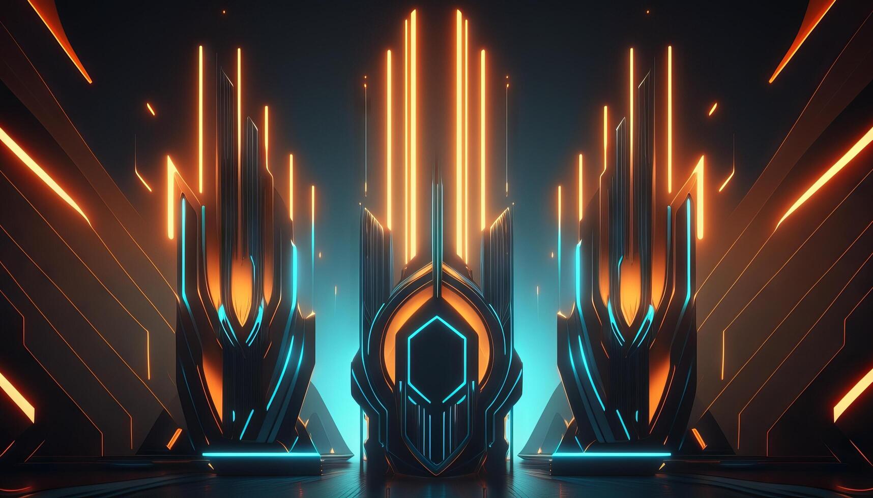 Rendering abstract futuristic background with glowing neon blue and orange lights. photo