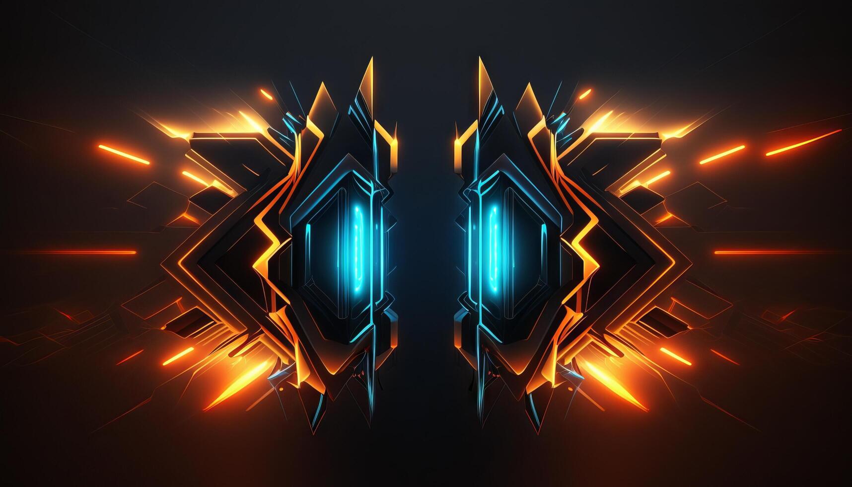 Rendering abstract futuristic background with glowing neon blue and orange lights. photo