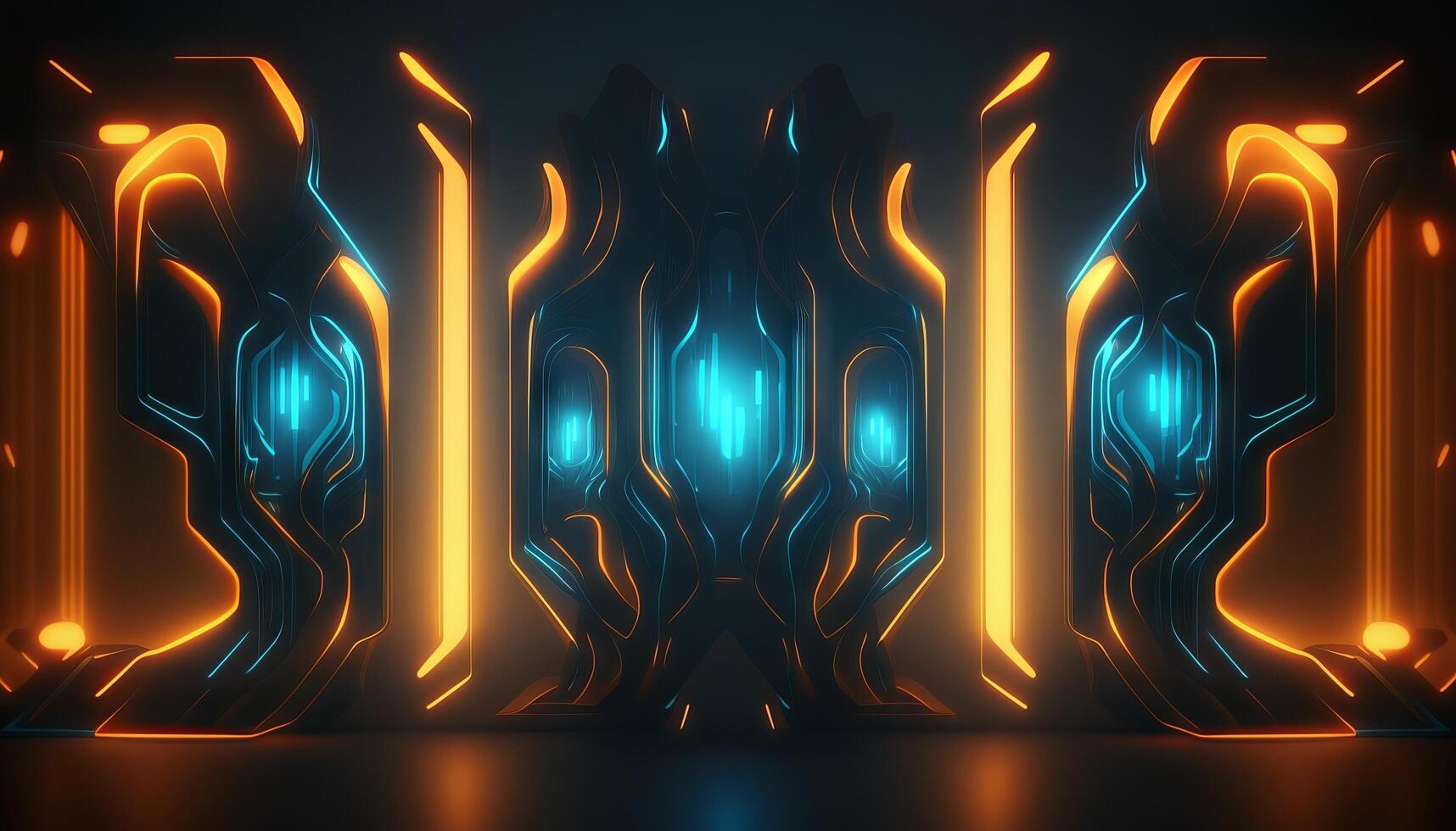 Rendering abstract futuristic background with glowing neon blue and orange lights. photo