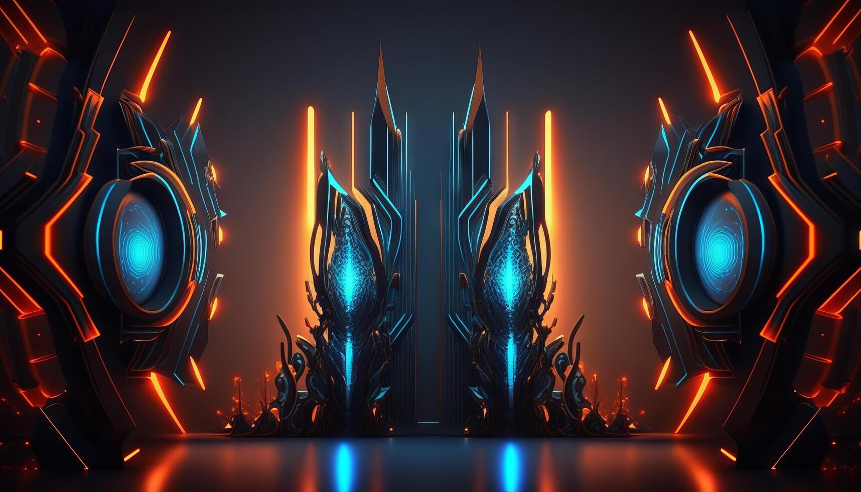 Rendering abstract futuristic background with glowing neon blue and orange lights. photo