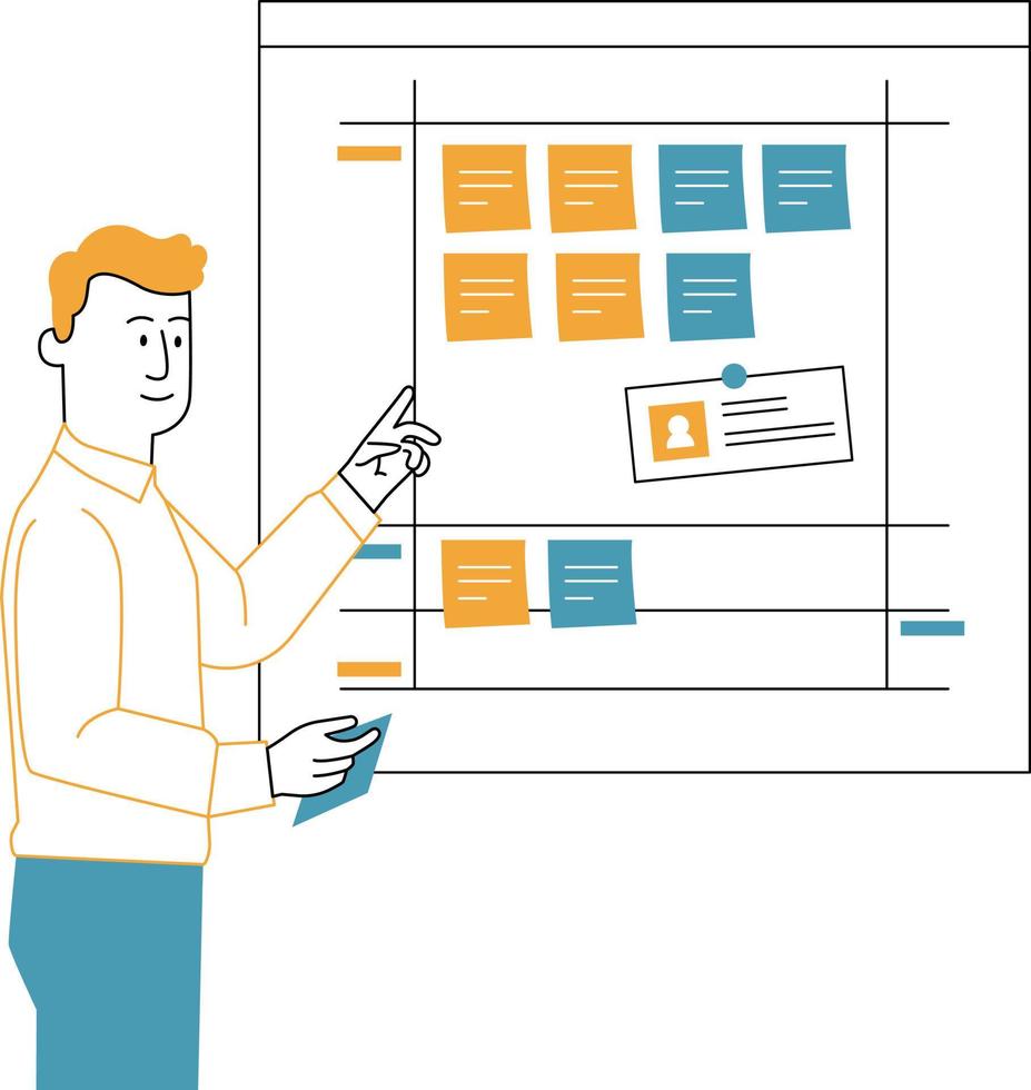 Man making a presentation on a board. Vector illustration in flat style