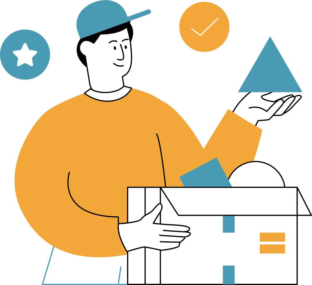 Delivery man with parcel and check mark. Vector illustration in flat style