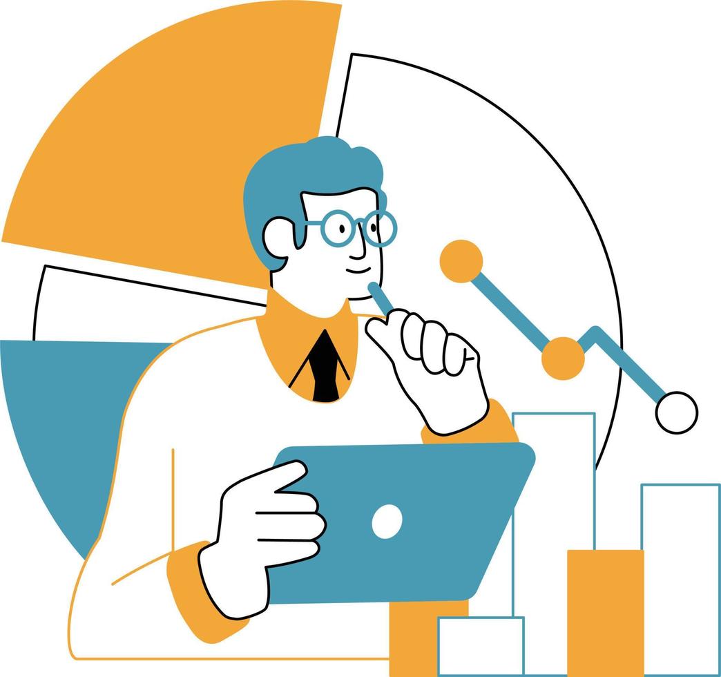 Vector illustration of a man in a business suit and glasses working with a laptop. Flat design.