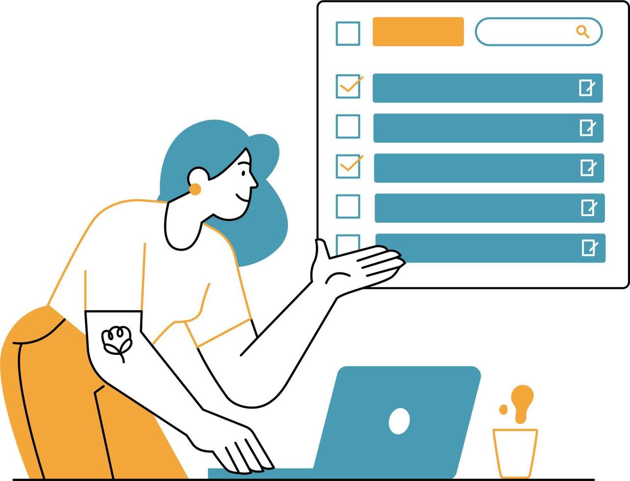 Vector illustration of a young woman sitting in front of a computer with a list of tasks to complete.