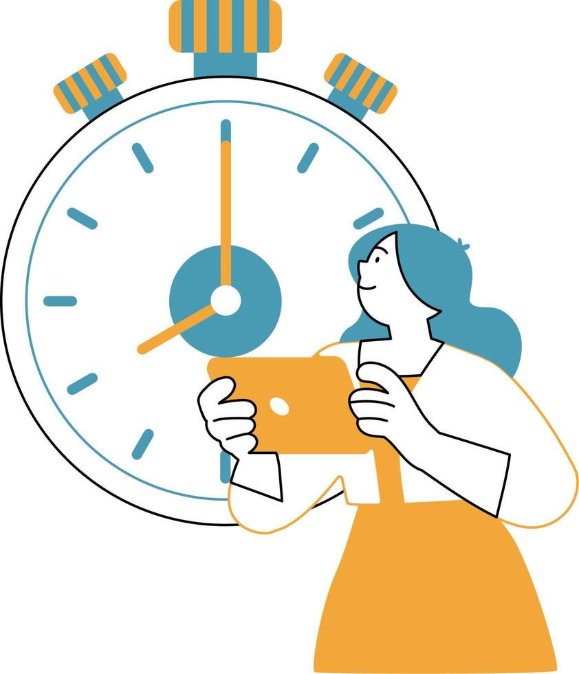 mujer con café taza y reloj diseño, hora herramienta reloj segundo fecha límite medida y cuenta regresiva tema vector ilustración