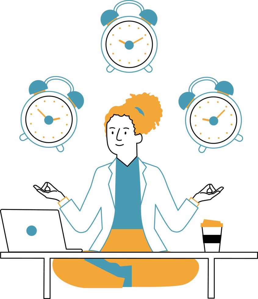 Vector illustration of a woman meditating in front of a laptop. Time Management