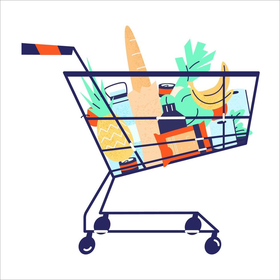 Supermarket shopping cart full of groceries. Isolated on white. Flat vector illustration.