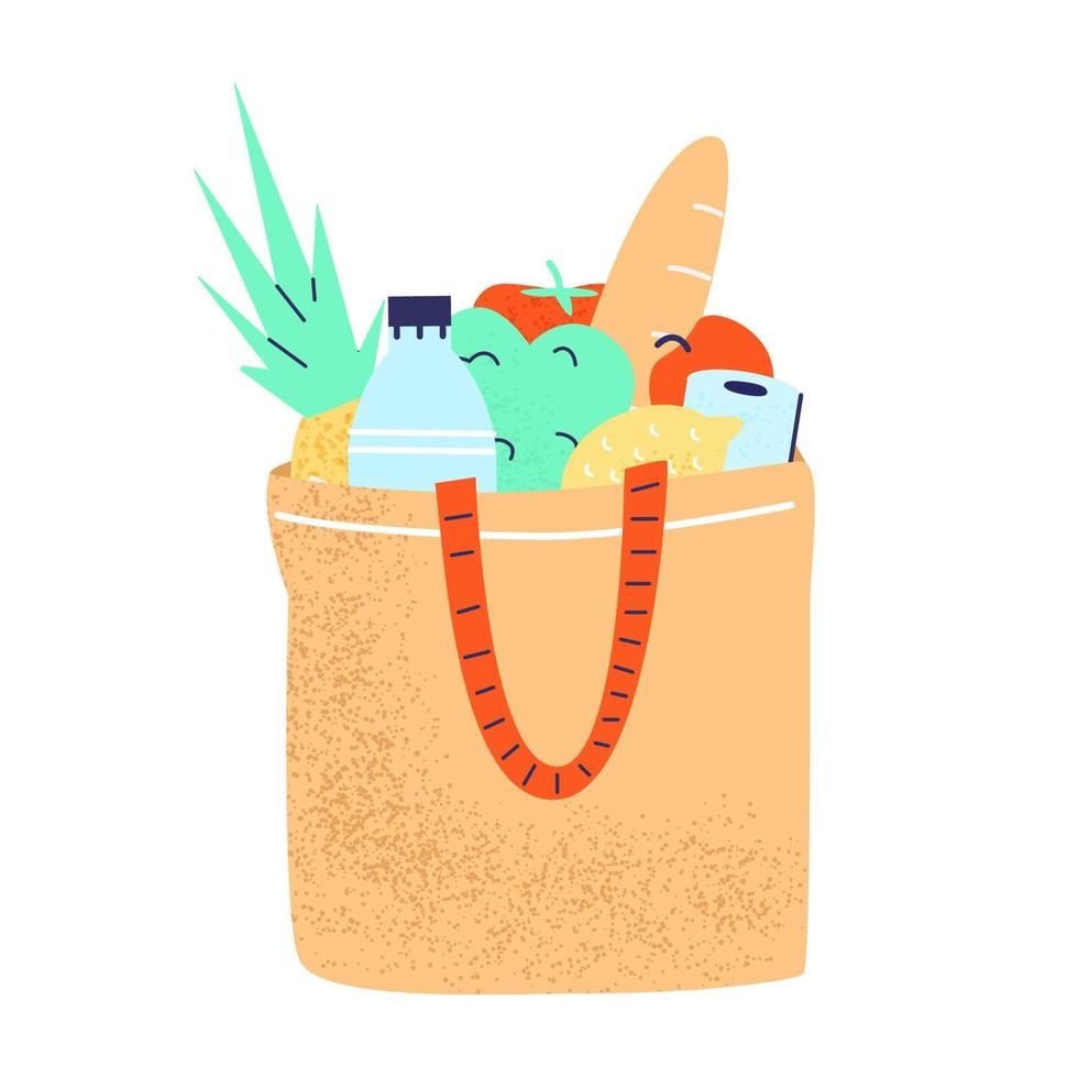 eco comprador lleno de comestibles. reutilizable compras bolsa. frutas y verduras, un pan y leche. plano vector ilustración con texturas