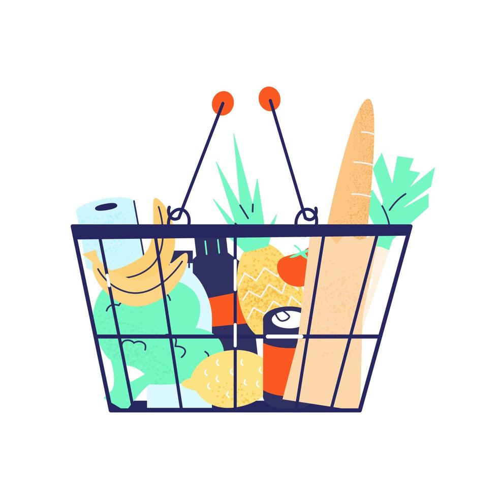 Supermarket Shopping Basket Full Of Groceries. Isolated on white. Flat vector illustration.
