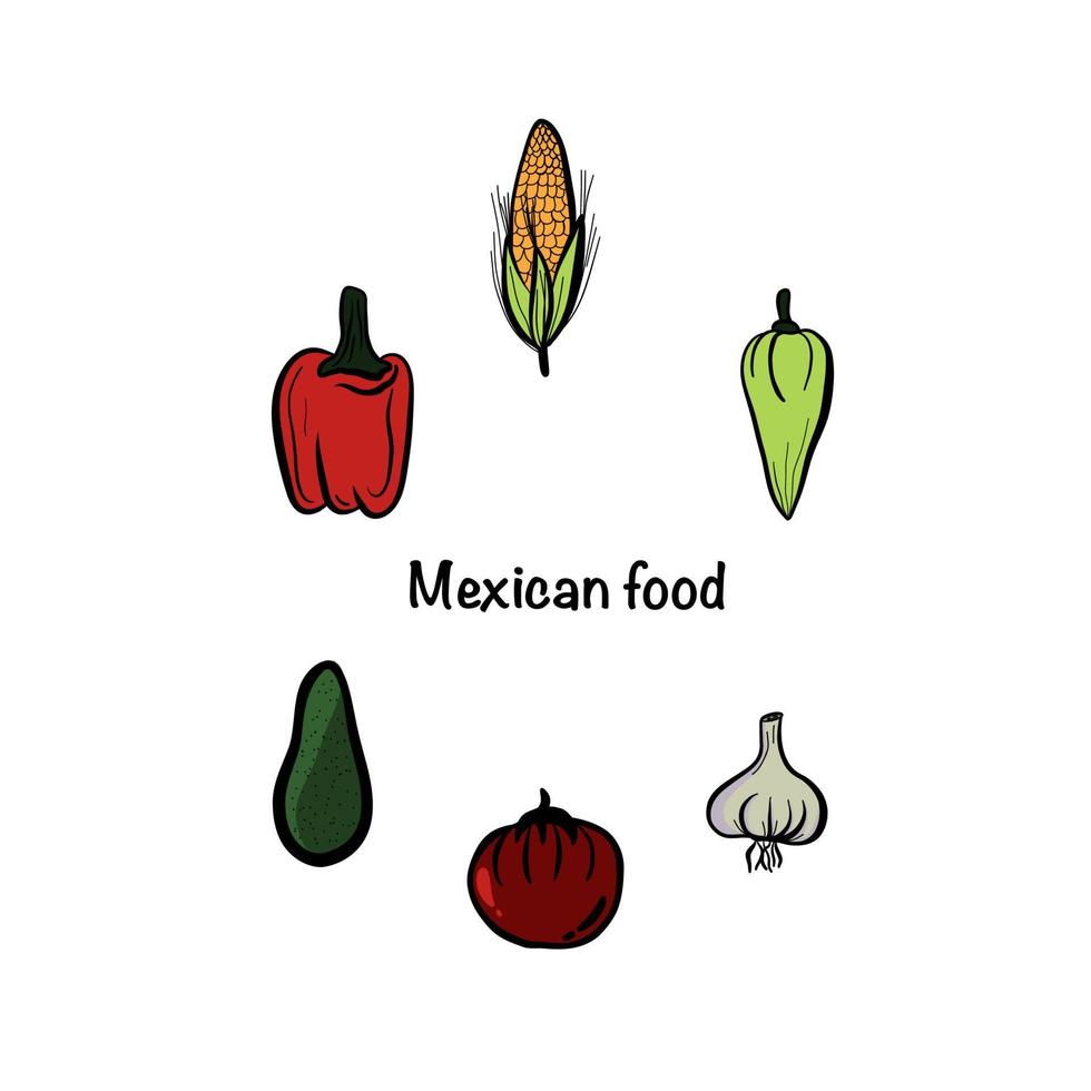 Mexican food set with garlic corn and pepper vector
