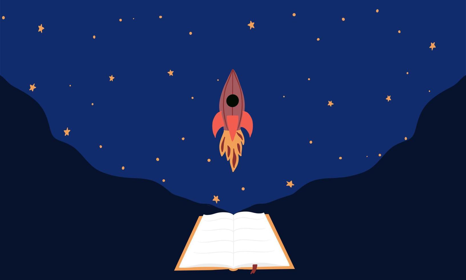 Beautiful picture of imagination coming up with ideas flying rocket taking off the book vector