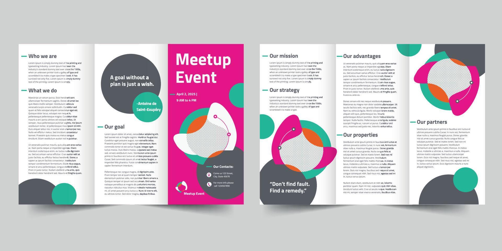 Meetup Event trifold brochure template,  flyer vector layout Trifold mockup Pro Vector